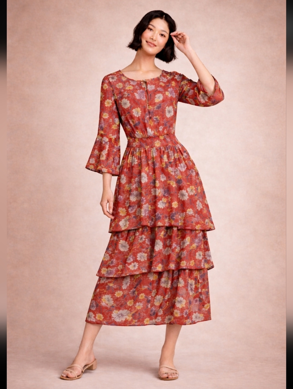 byTiMo Semi Couture Tiered Layered‎ Maxi Red Floral Size L